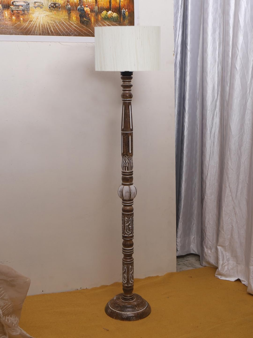 Off-White Cotton Drum Wooden Floor Lamp -1- (12x56.7 inches)