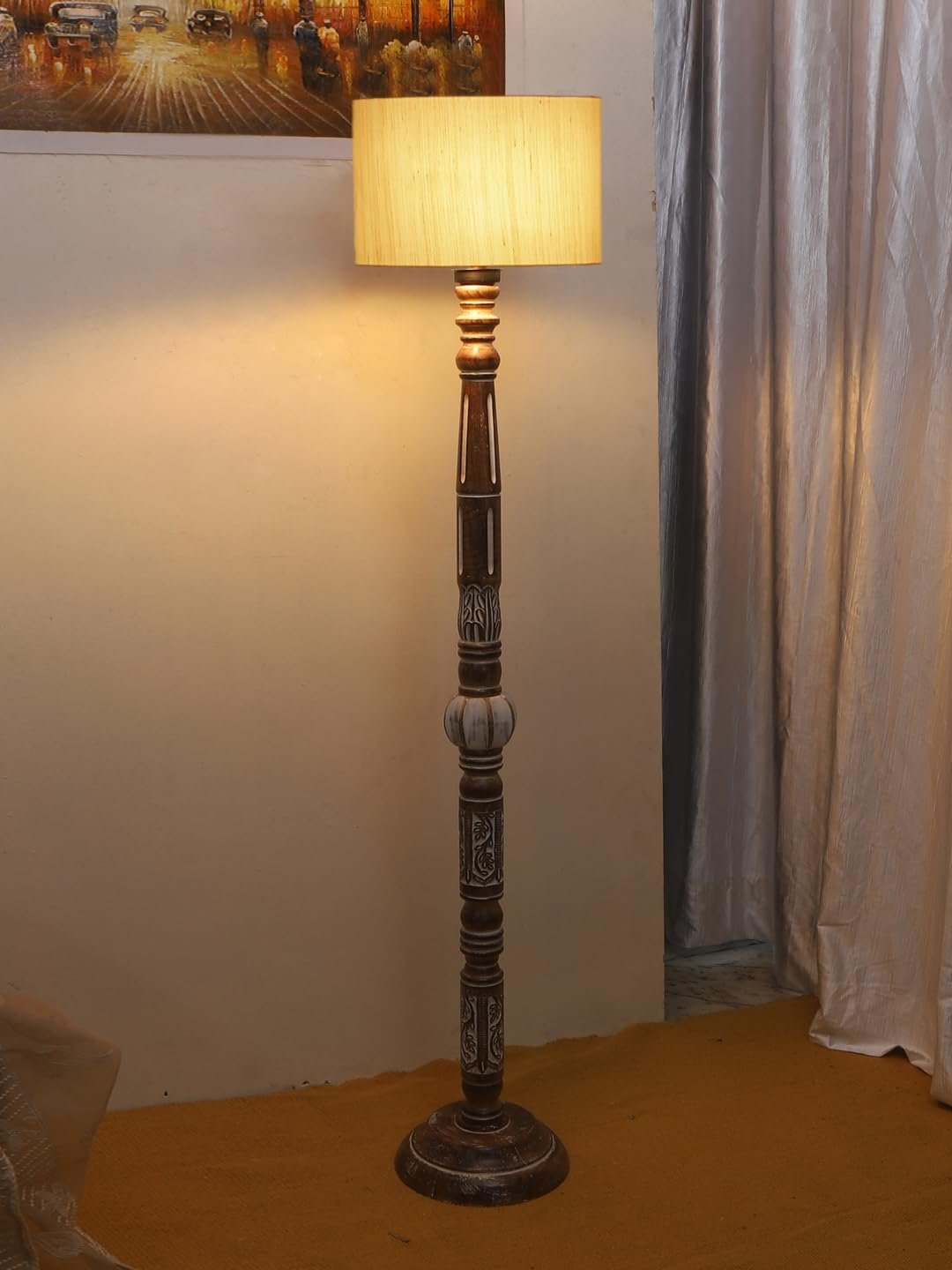 Off-White Cotton Drum Wooden Floor Lamp -1- (12x56.7 inches)