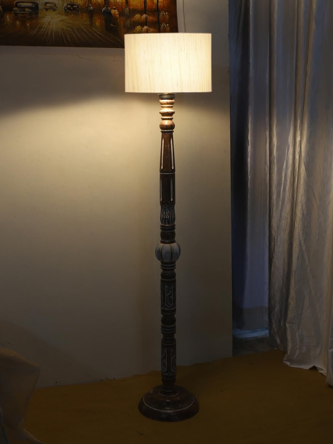 Off-White Cotton Drum Wooden Floor Lamp -1- (12x56.7 inches)