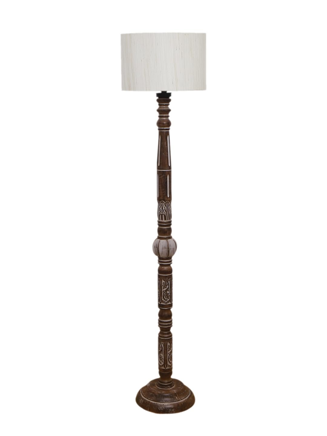 Off-White Cotton Drum Wooden Floor Lamp -1- (12x56.7 inches)