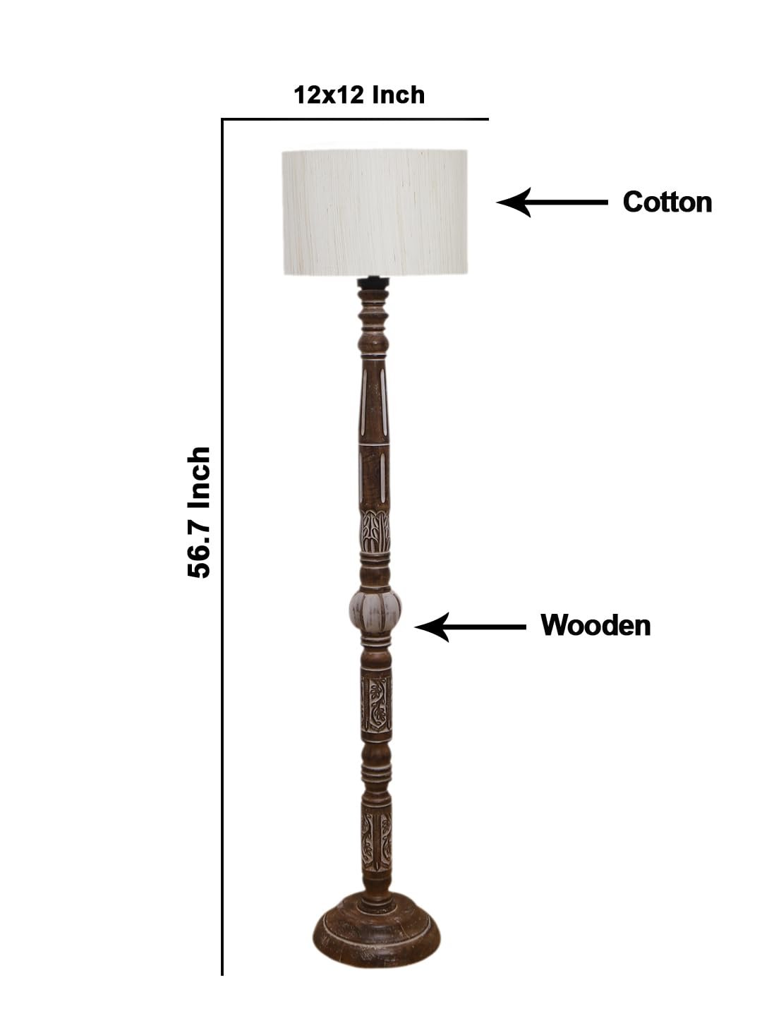 Off-White Cotton Drum Wooden Floor Lamp -1- (12x56.7 inches)