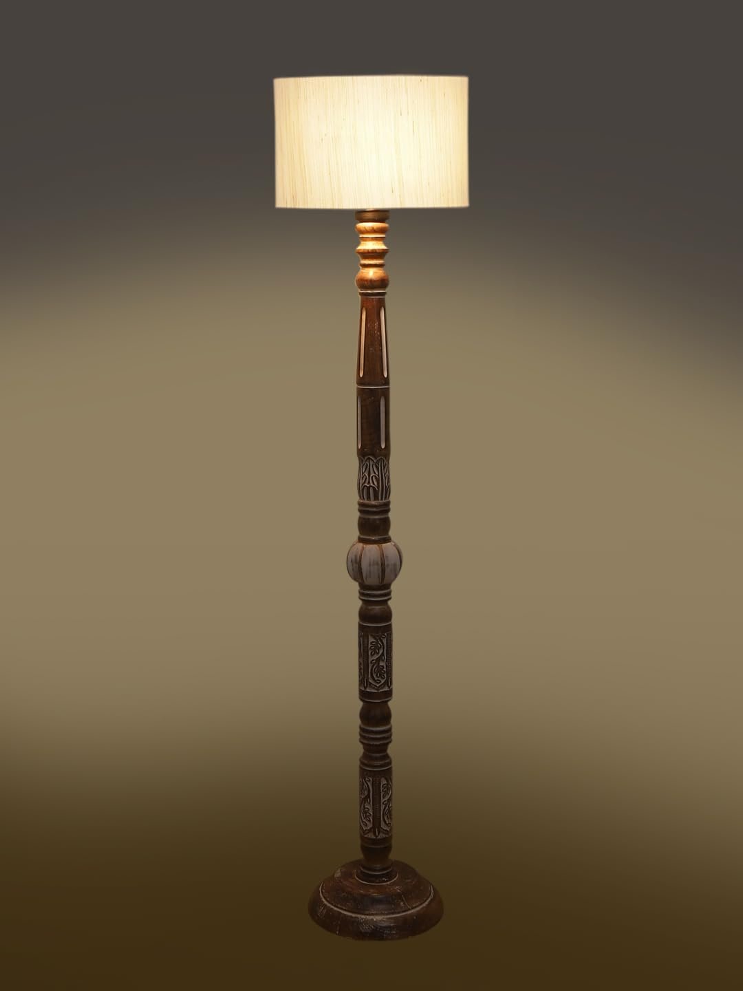 Off-White Cotton Drum Wooden Floor Lamp -1- (12x56.7 inches)