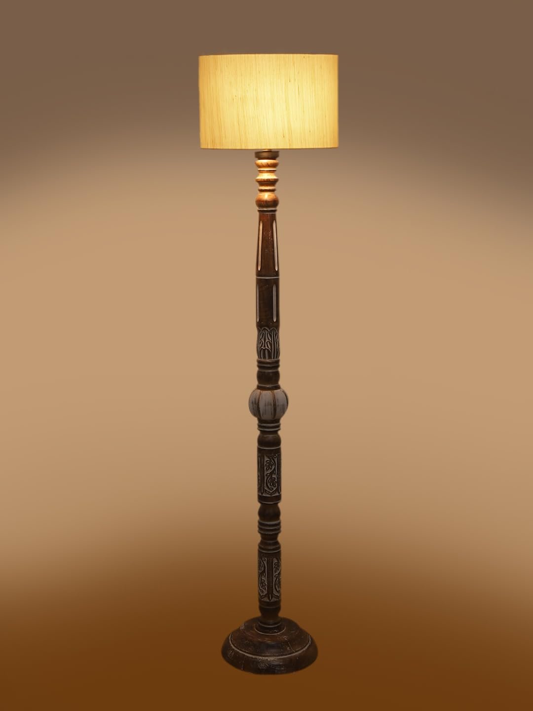 Off-White Cotton Drum Wooden Floor Lamp -1- (12x56.7 inches)