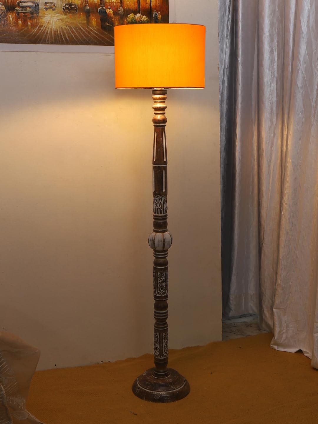 Yellow Cotton Drum Wooden Floor Lamp -5-(12x56 .7inches)