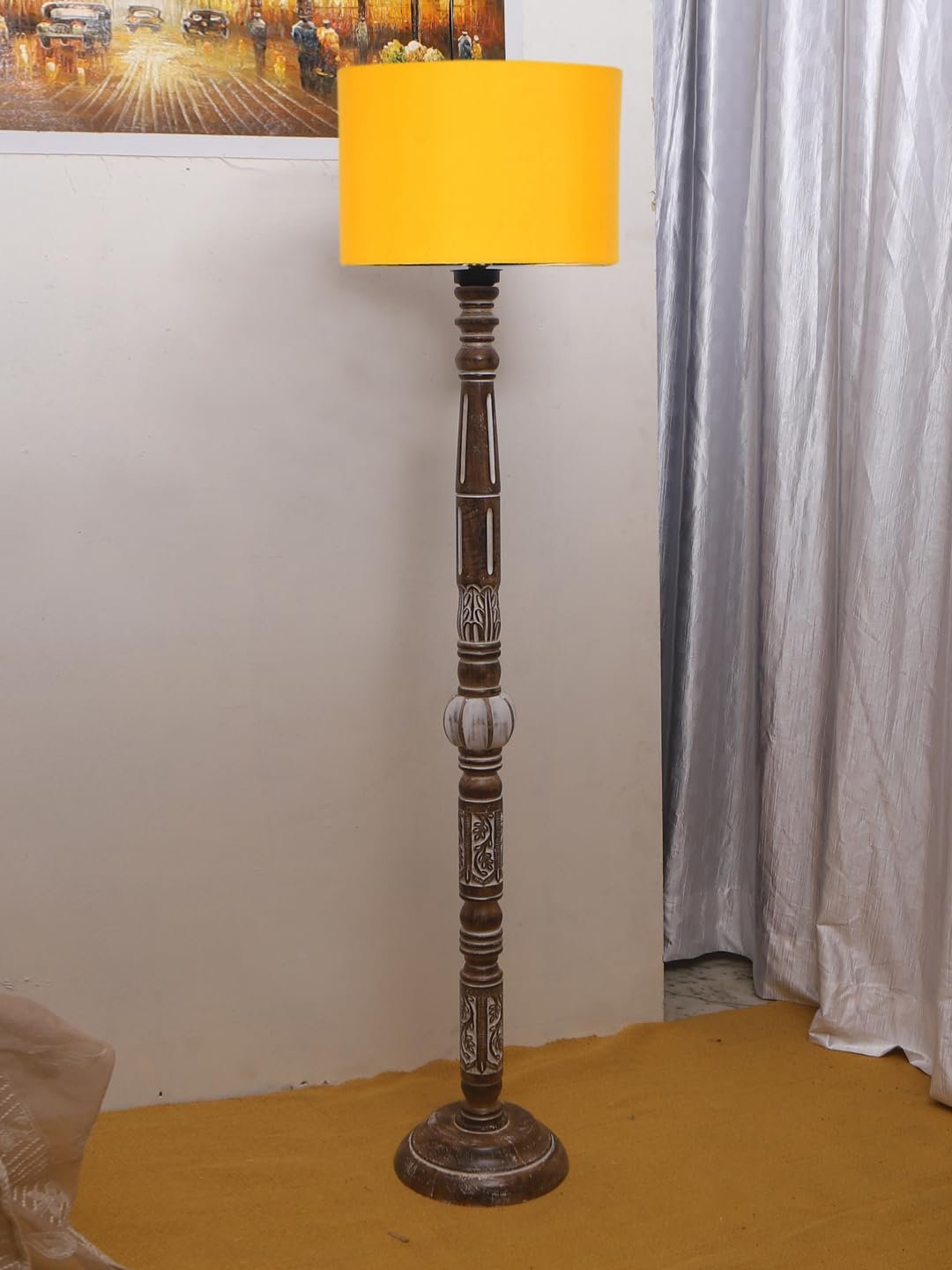 Yellow Cotton Drum Wooden Floor Lamp -5-(12x56 .7inches)