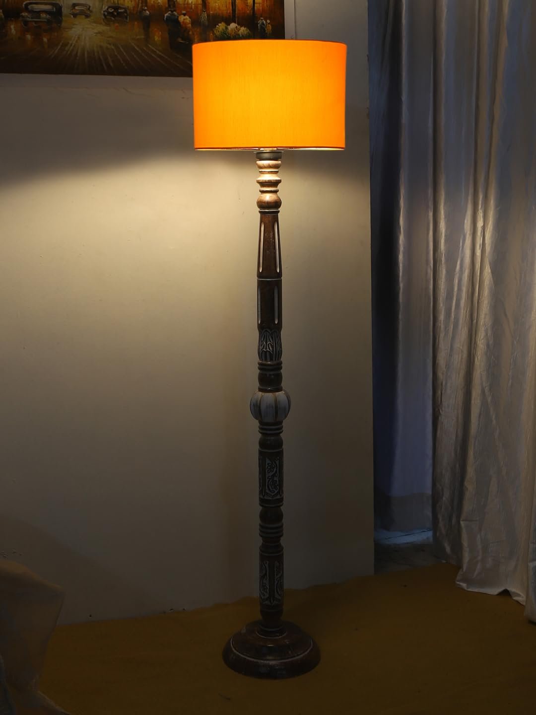 Yellow Cotton Drum Wooden Floor Lamp -5-(12x56 .7inches)
