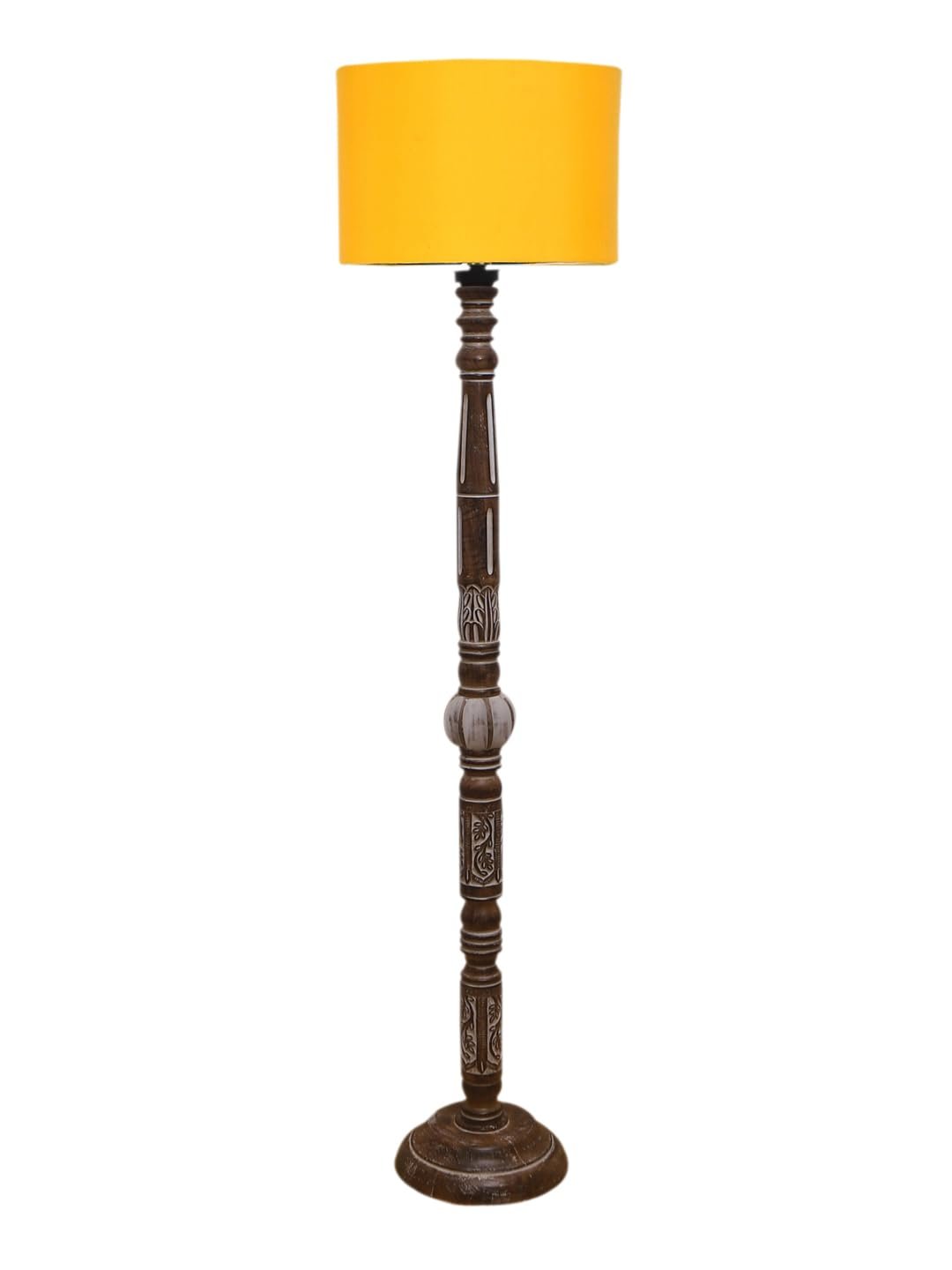 Yellow Cotton Drum Wooden Floor Lamp -5-(12x56 .7inches)