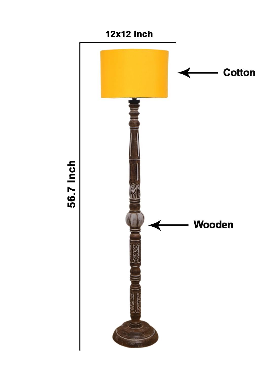 Yellow Cotton Drum Wooden Floor Lamp -5-(12x56 .7inches)