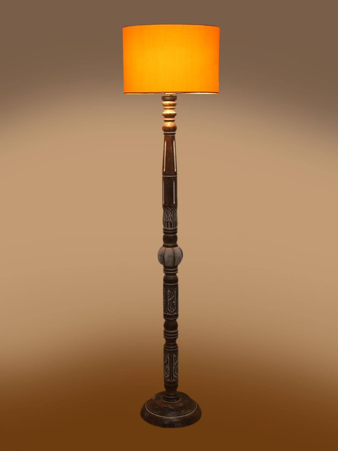Yellow Cotton Drum Wooden Floor Lamp -5-(12x56 .7inches)
