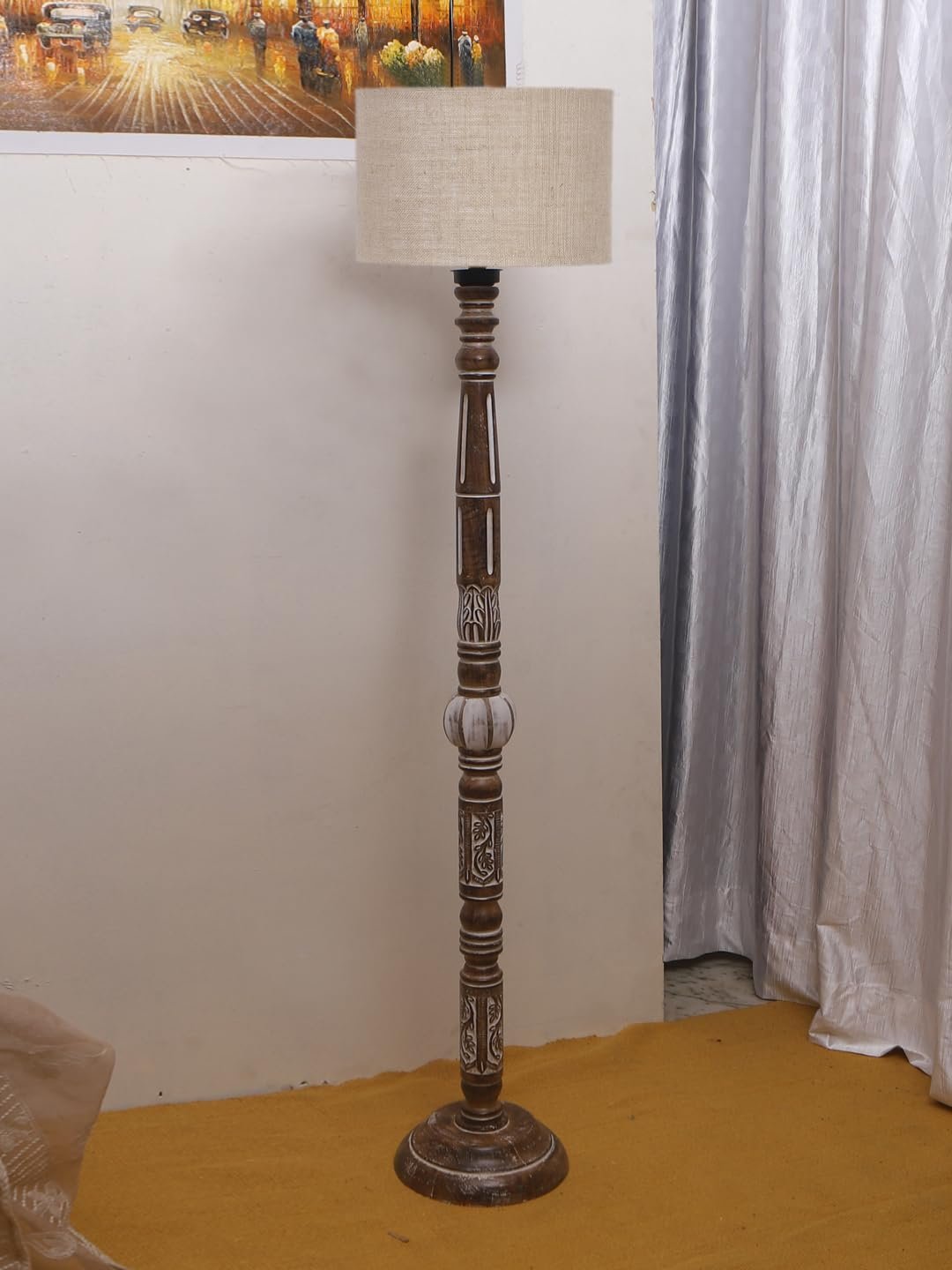 Beige Jute Drum Wooden Floor Lamp -8-(12x56.7inches)