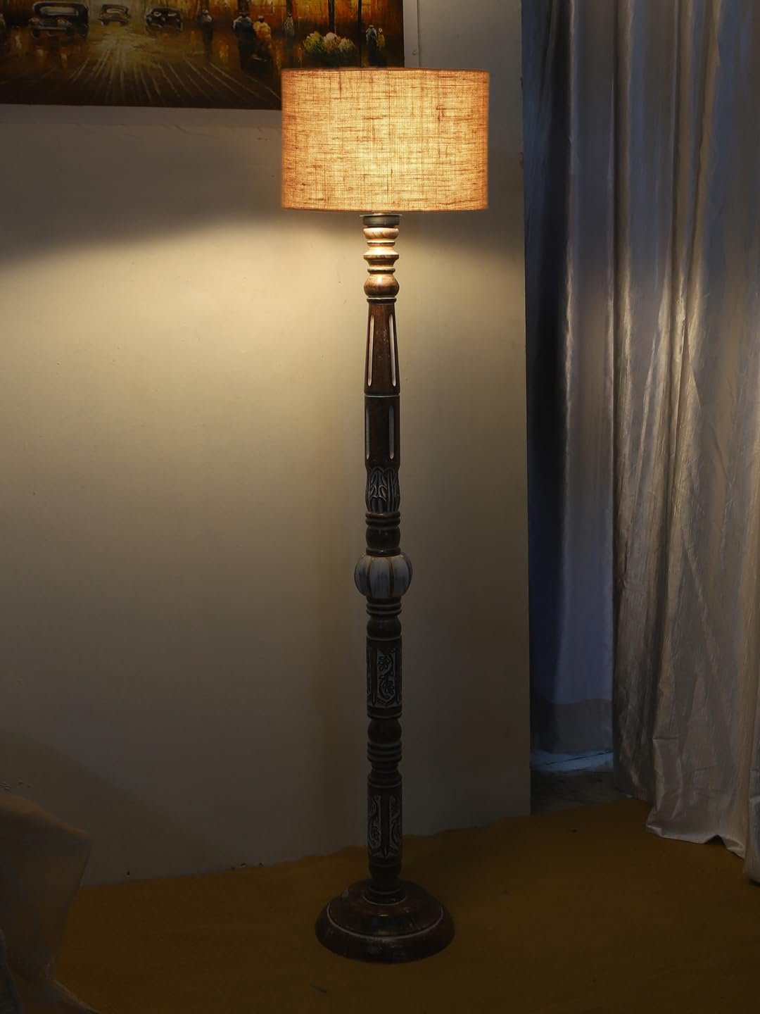 Beige Jute Drum Wooden Floor Lamp -8-(12x56.7inches)