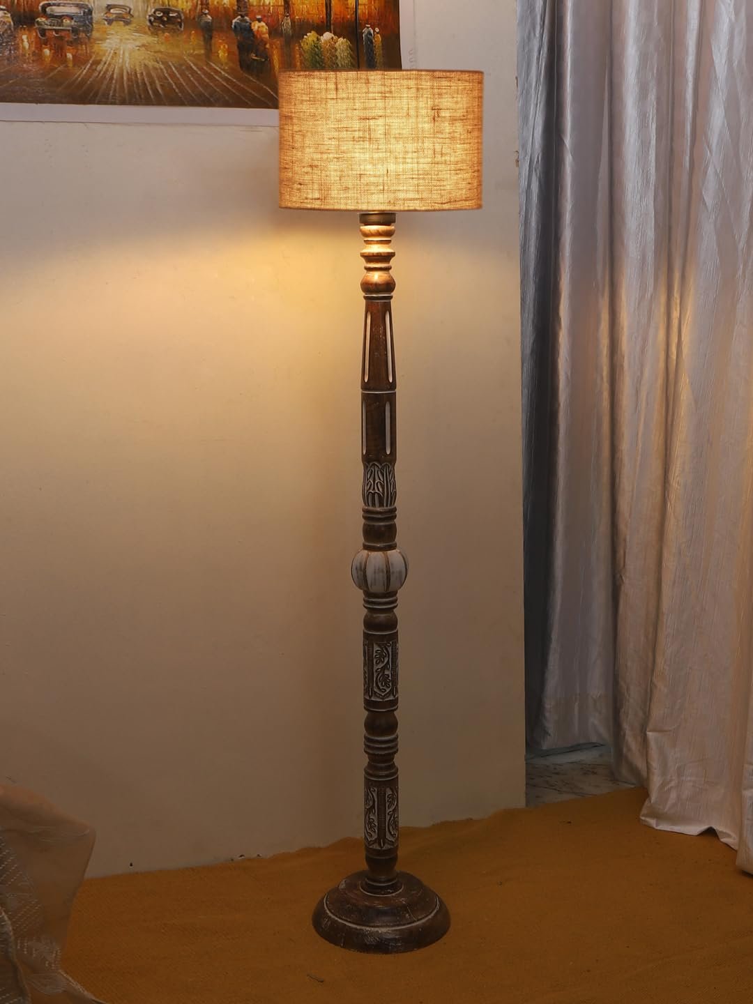 Beige Jute Drum Wooden Floor Lamp -8-(12x56.7inches)
