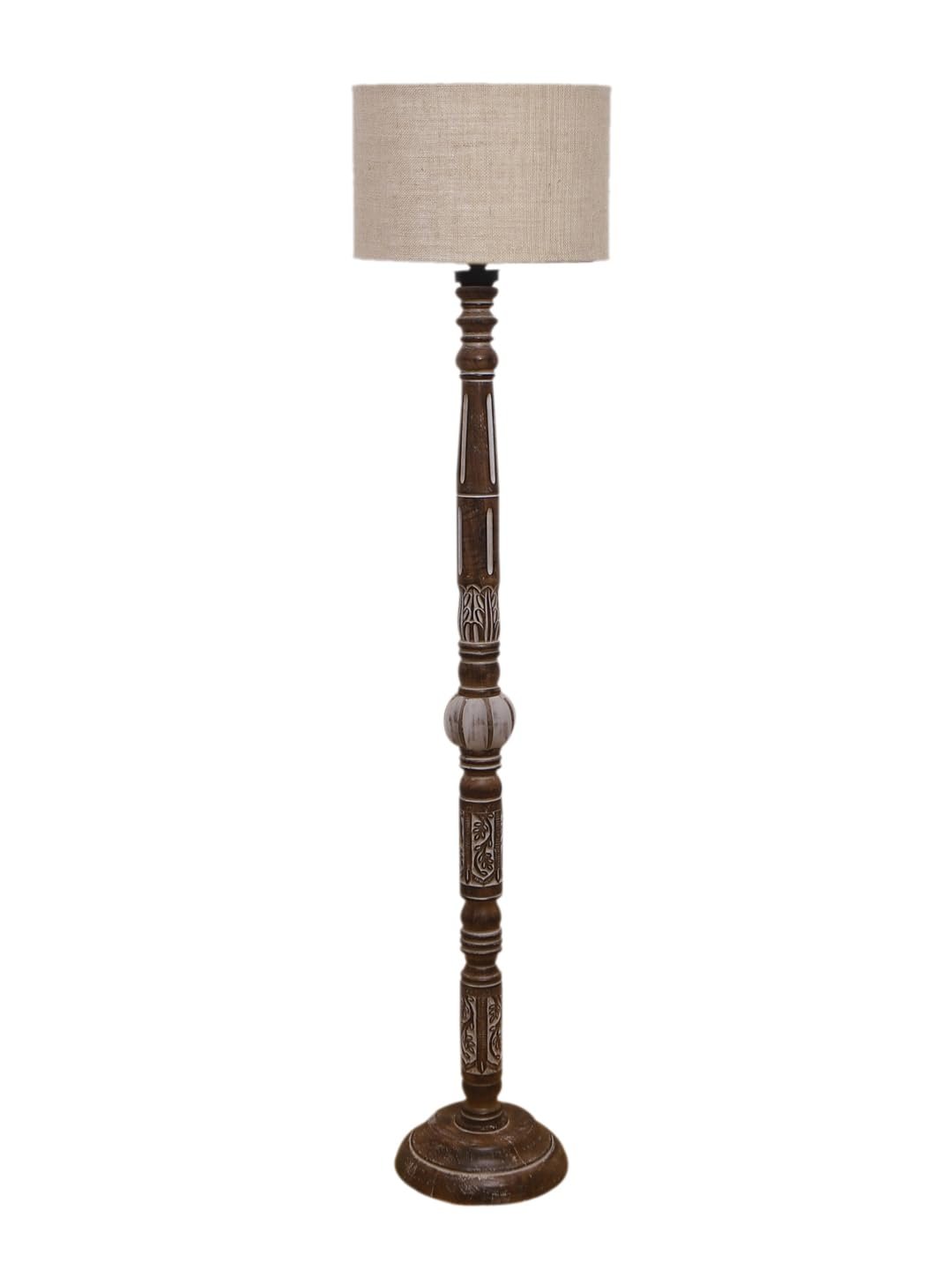 Beige Jute Drum Wooden Floor Lamp -8-(12x56.7inches)