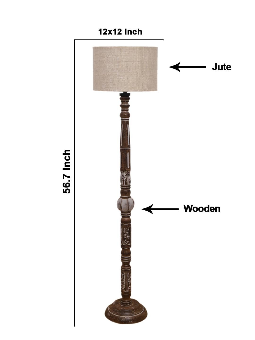 Beige Jute Drum Wooden Floor Lamp -8-(12x56.7inches)