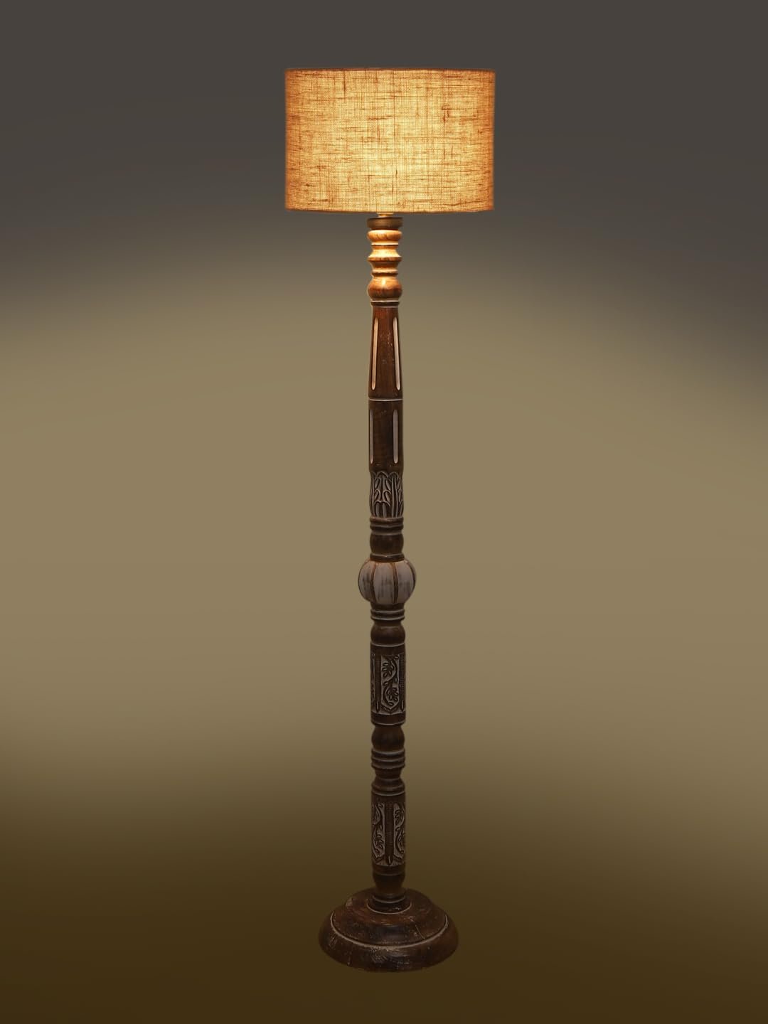 Beige Jute Drum Wooden Floor Lamp -8-(12x56.7inches)
