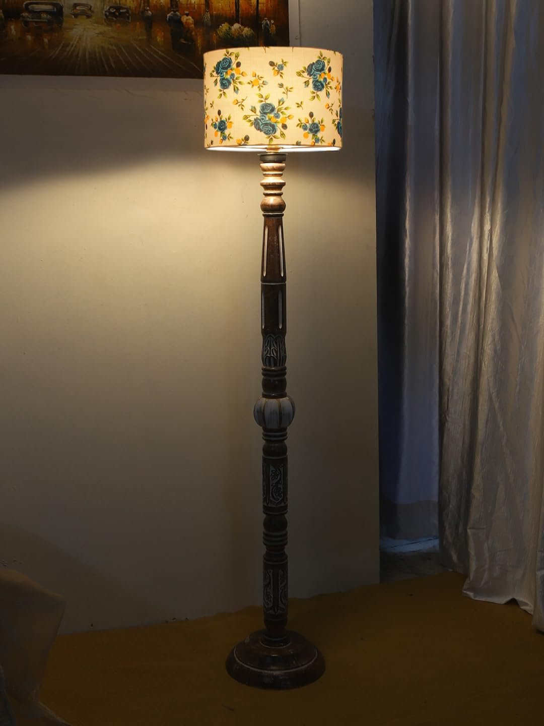 Printed Cotton Drum Wooden Floor Lamp -13-(12x56.7inches)