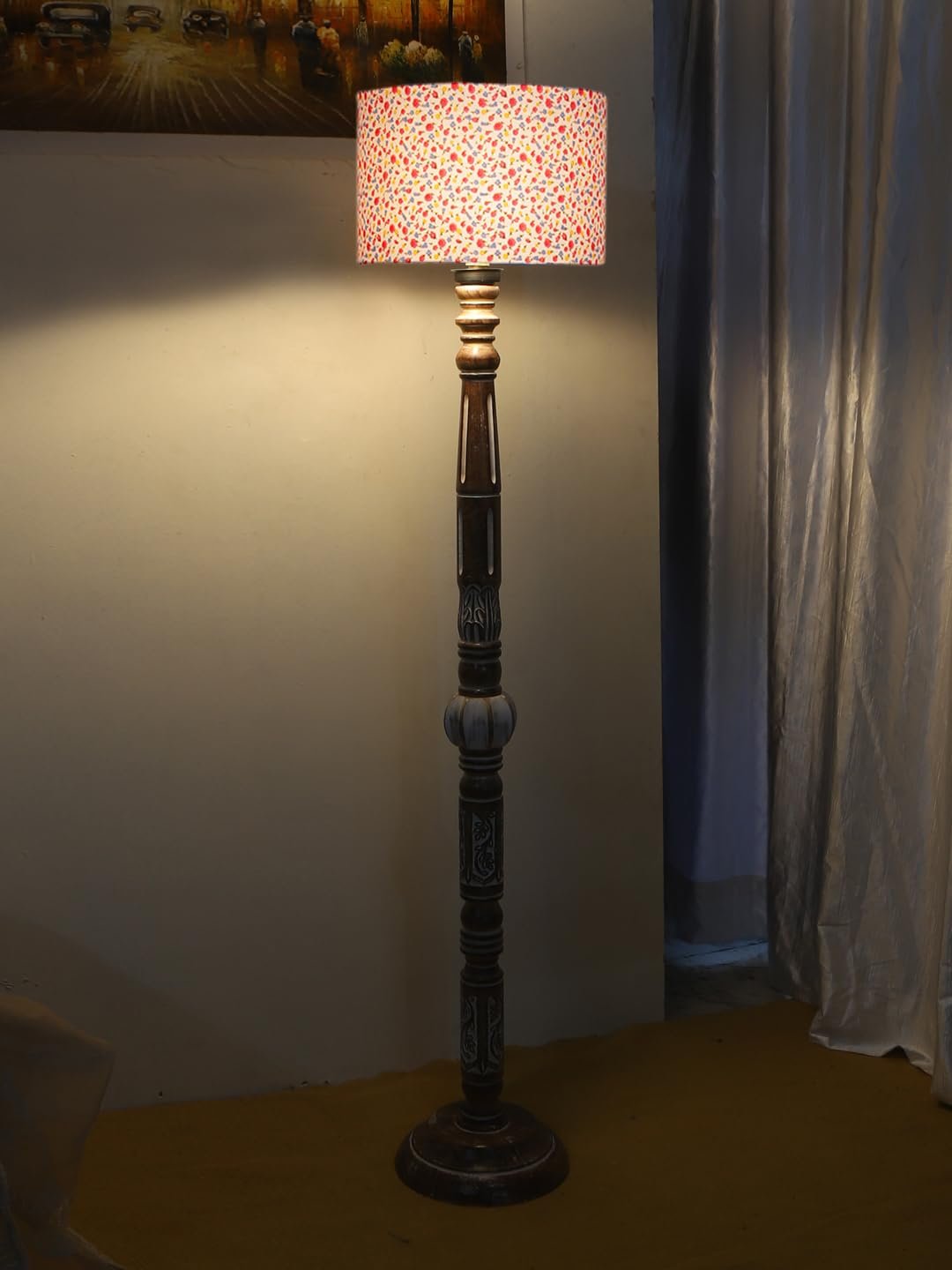Printed Cotton Drum Wooden Floor Lamp -15 (12x56.7inches)