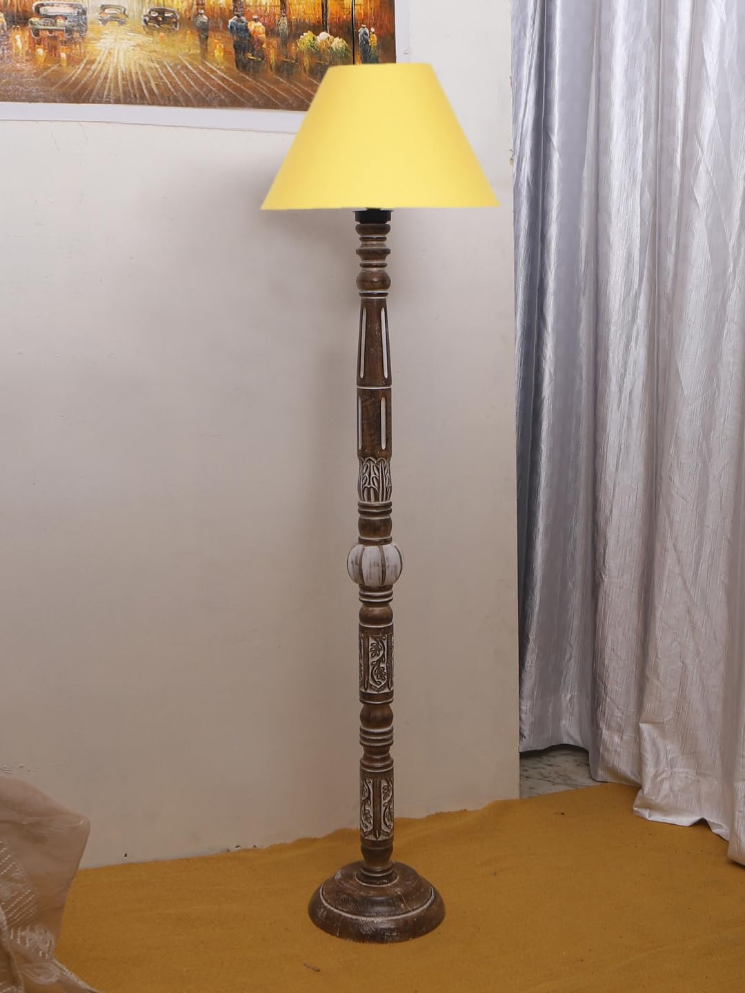 Yellow Cotton Conical Wooden Floor Lamp -24-(14x55.75inches)