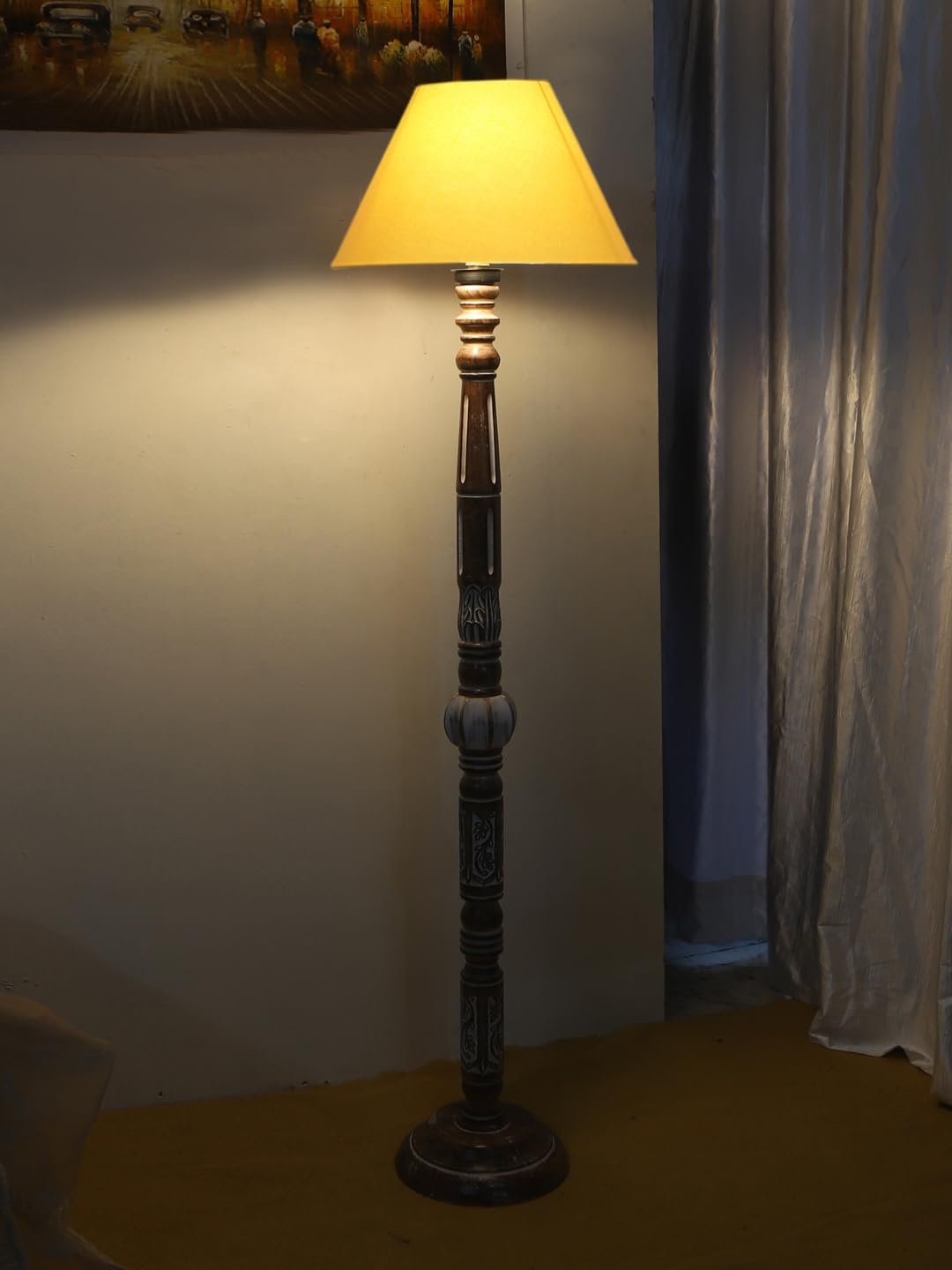 Yellow Cotton Conical Wooden Floor Lamp -24-(14x55.75inches)