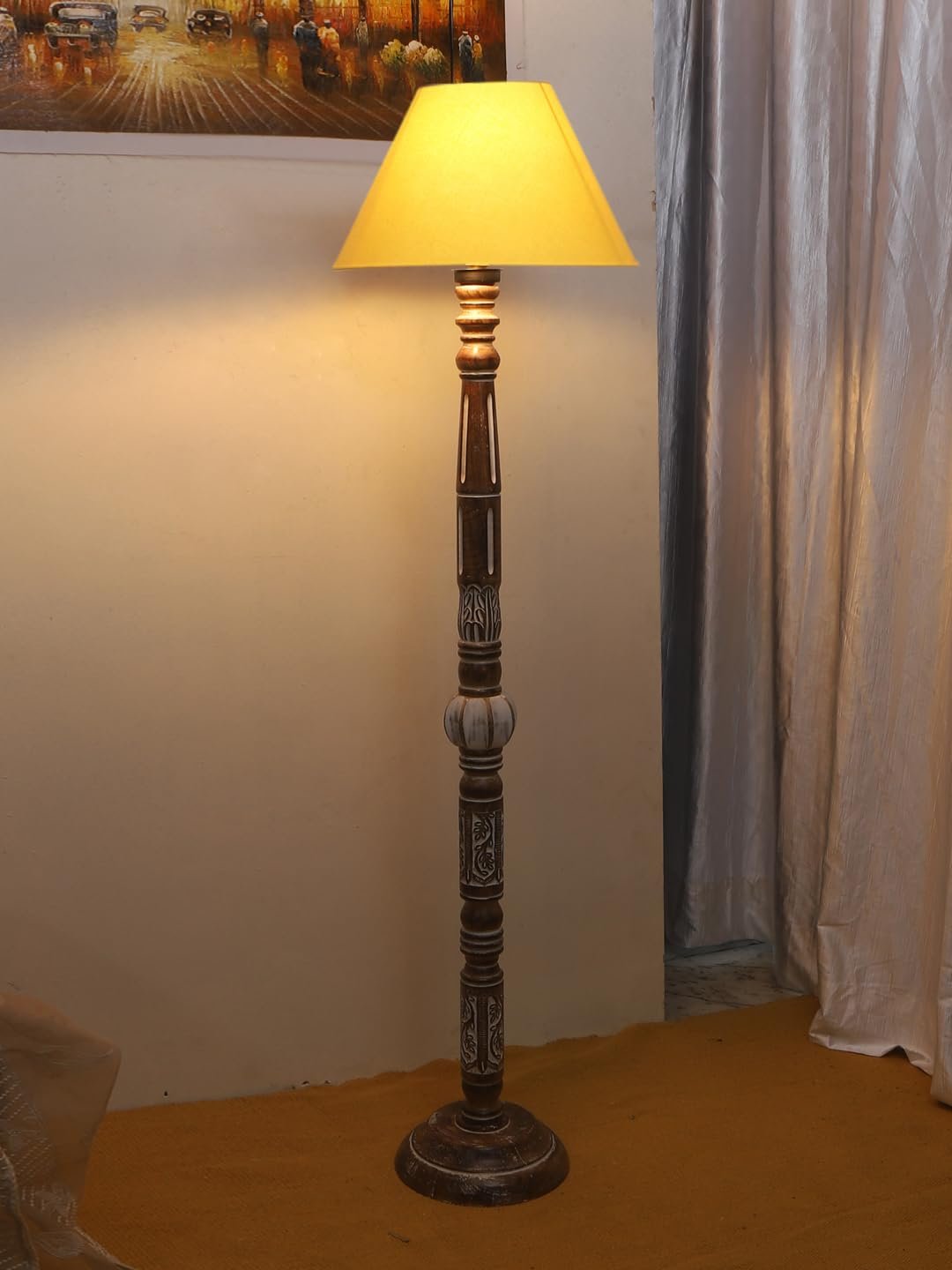 Yellow Cotton Conical Wooden Floor Lamp -24-(14x55.75inches)