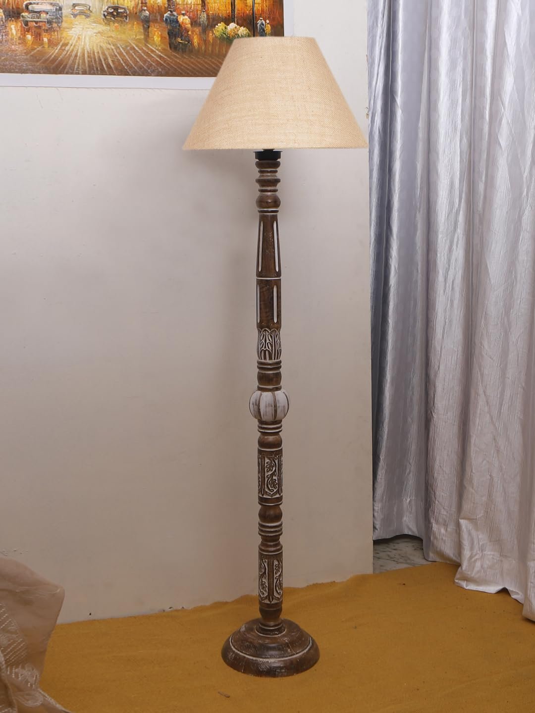 Beige Jute Conical Wooden Floor Lamp -27-(14x55.75inches)