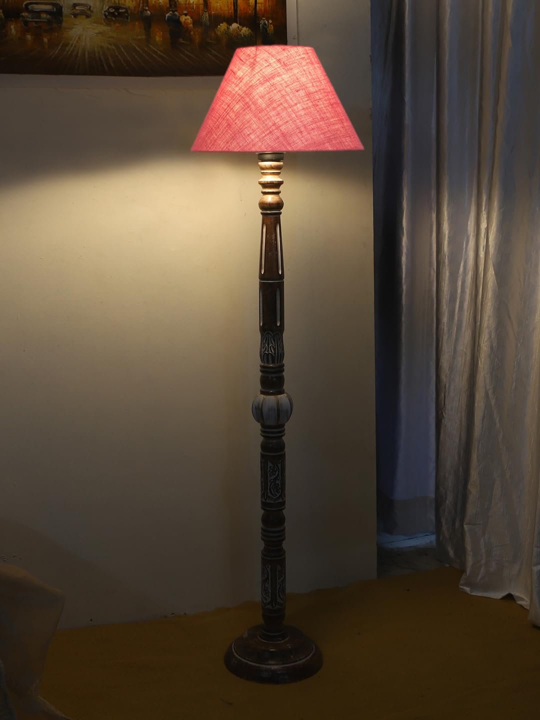 Pink Jute Conical Wooden Floor Lamp -29-(14x55.75inches)