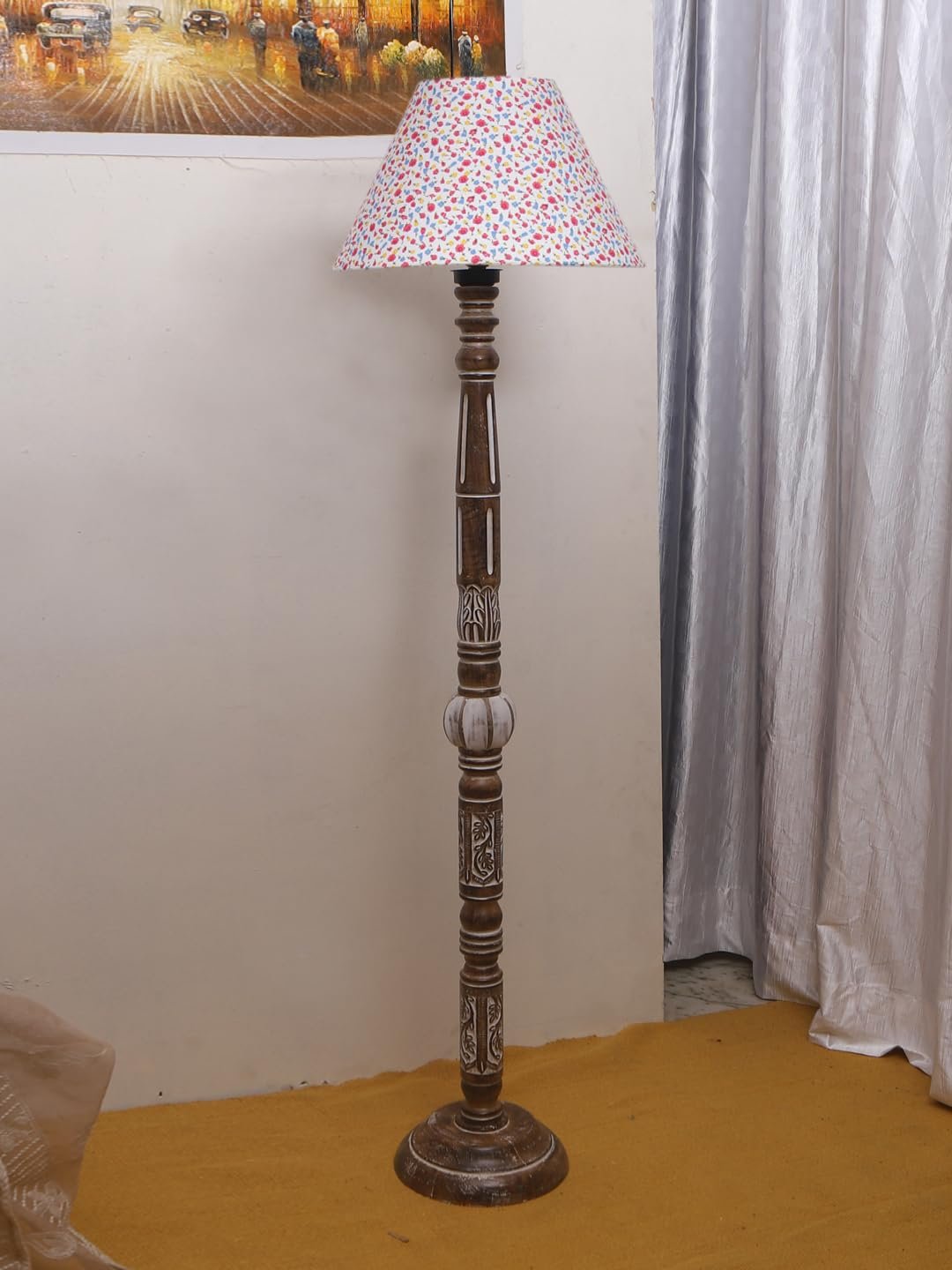 Printed Cotton Conical Wooden Floor Lamp -34(14x55.75inches)