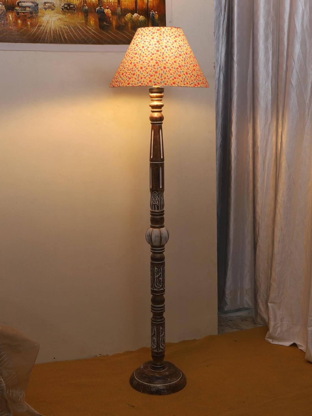 Printed Cotton Conical Wooden Floor Lamp -34(14x55.75inches)