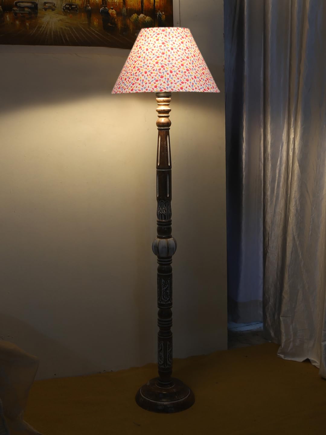 Printed Cotton Conical Wooden Floor Lamp -34(14x55.75inches)