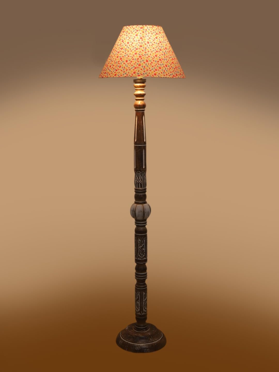 Printed Cotton Conical Wooden Floor Lamp -34(14x55.75inches)