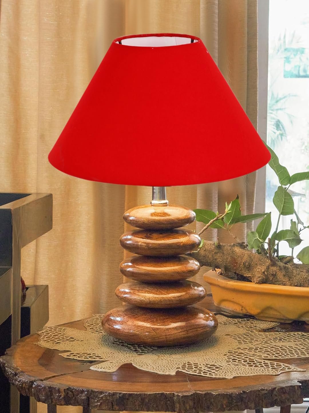 Upscale Table Lamp with Glass & Wooden Base | Elegant Night Light for Home & Room Decoration | Bedroom & Living Room Lighting | Multiple Designs - (Red)