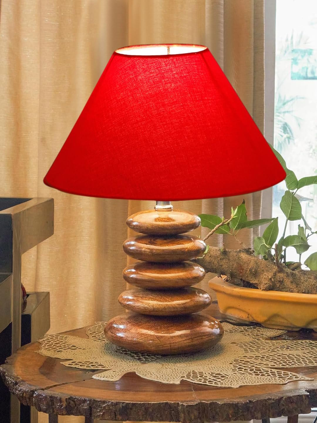 Upscale Table Lamp with Glass & Wooden Base | Elegant Night Light for Home & Room Decoration | Bedroom & Living Room Lighting | Multiple Designs - (Red)