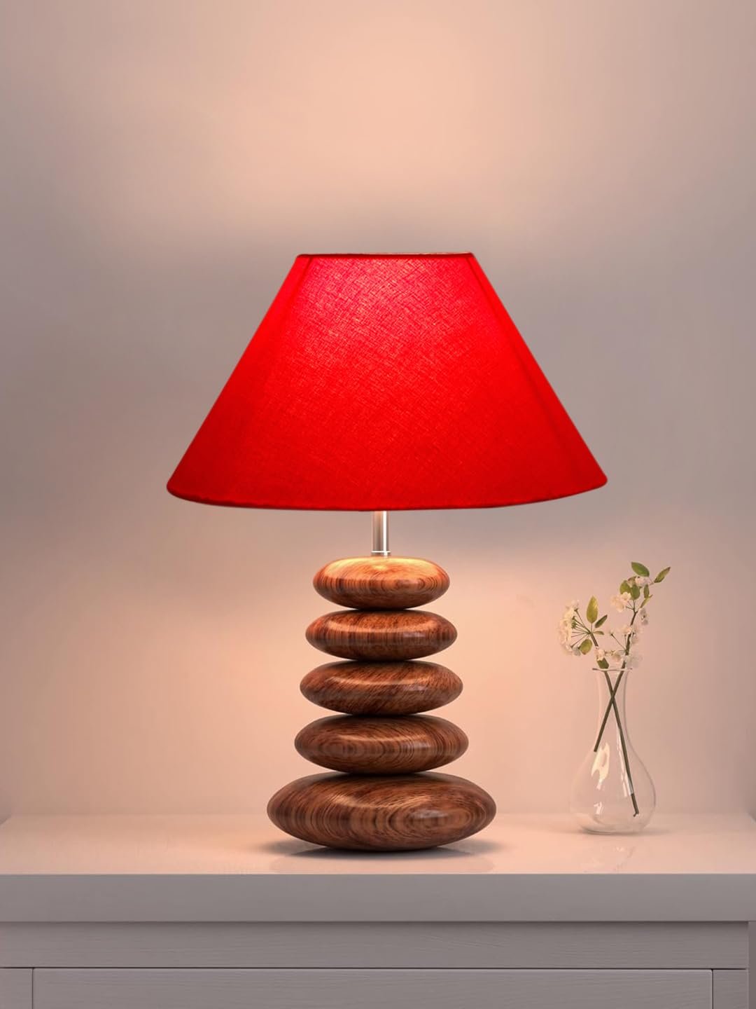 Upscale Table Lamp with Glass & Wooden Base | Elegant Night Light for Home & Room Decoration | Bedroom & Living Room Lighting | Multiple Designs - (Red)