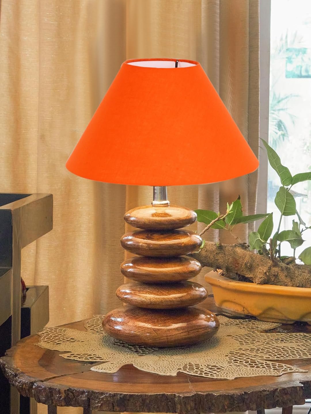 Upscale Table Lamp with Glass & Wooden Base | Elegant Night Light for Home & Room Decoration | Bedroom & Living Room Lighting | Multiple Designs - (Orange)