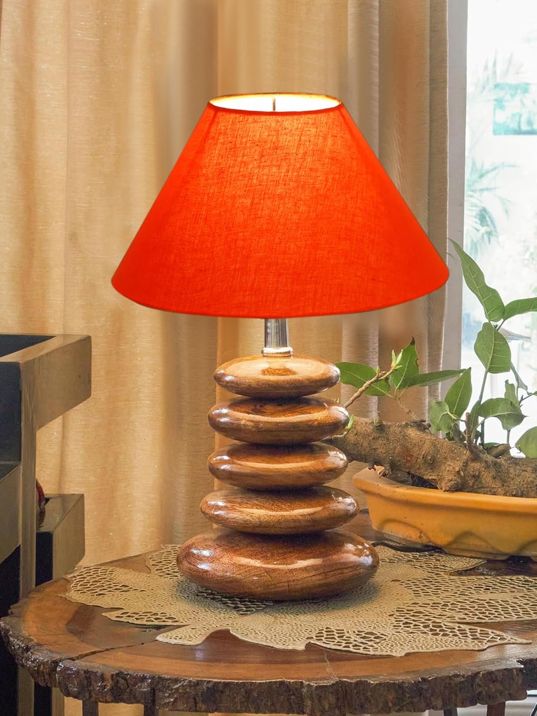 Upscale Table Lamp with Glass & Wooden Base | Elegant Night Light for Home & Room Decoration | Bedroom & Living Room Lighting | Multiple Designs - (Orange)