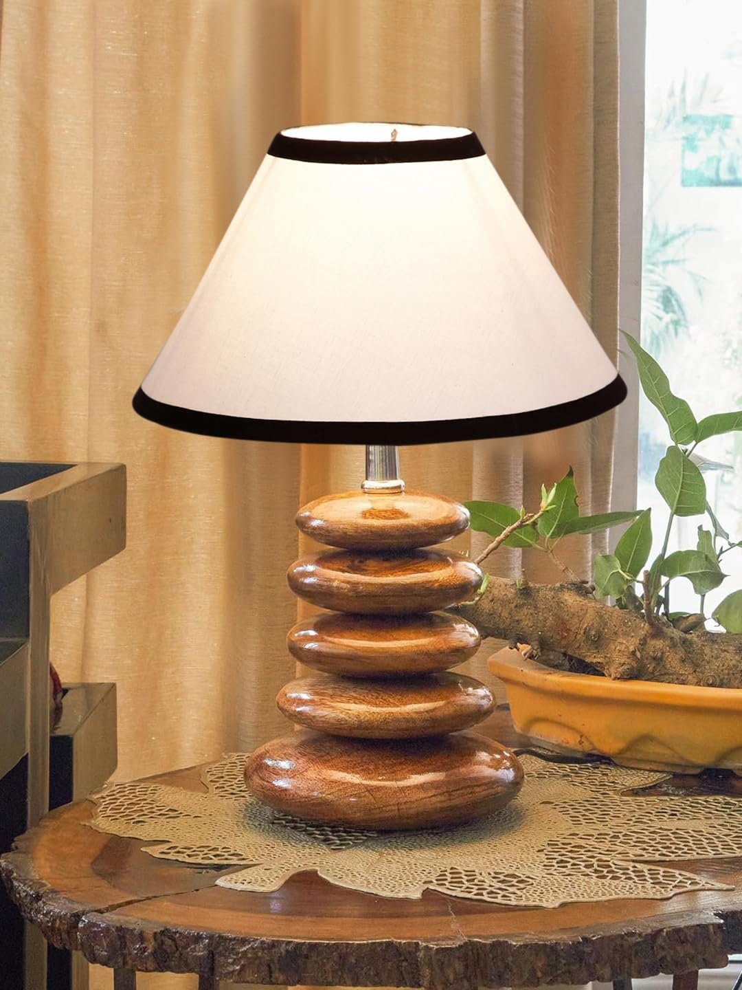 Upscale Table Lamp with Glass & Wooden Base | Elegant Night Light for Home & Room Decoration | Bedroom & Living Room Lighting | Multiple Designs - (White-Black)