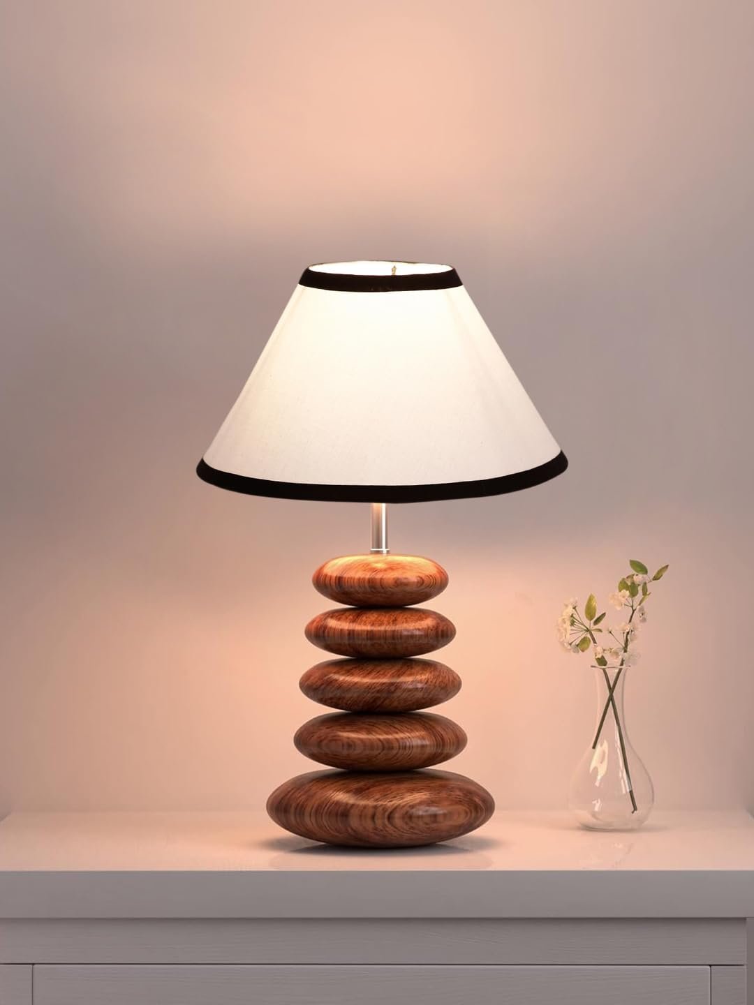 Upscale Table Lamp with Glass & Wooden Base | Elegant Night Light for Home & Room Decoration | Bedroom & Living Room Lighting | Multiple Designs - (White-Black)