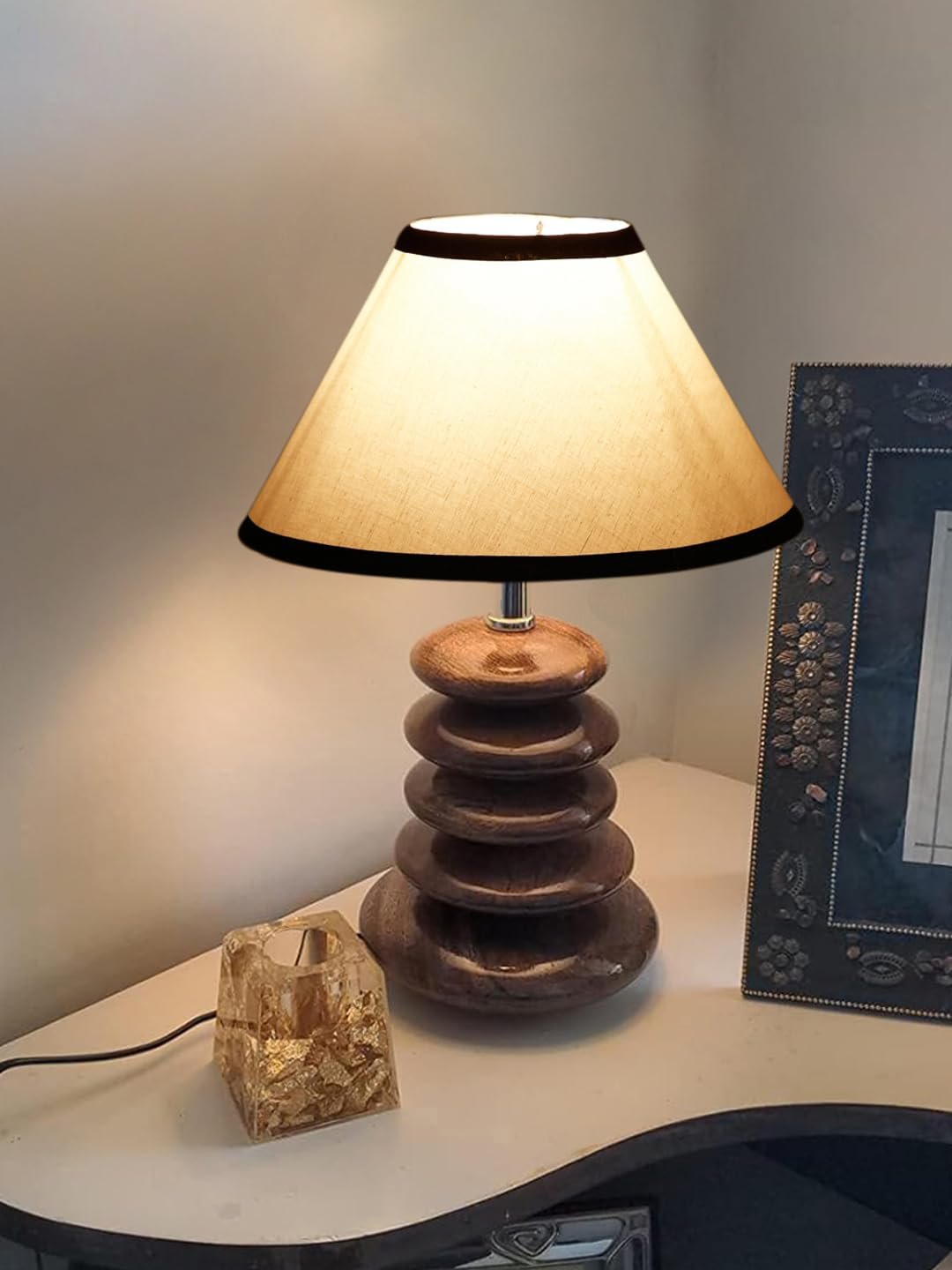 Upscale Table Lamp with Glass & Wooden Base | Elegant Night Light for Home & Room Decoration | Bedroom & Living Room Lighting | Multiple Designs - (White-Black)