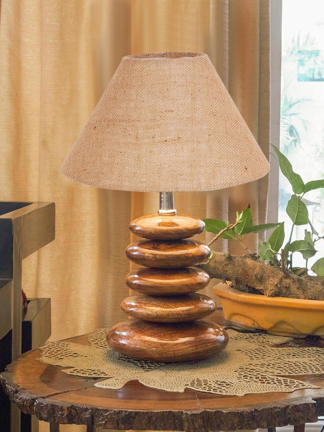 Upscale Table Lamp with Glass & Wooden Base | Elegant Night Light for Home & Room Decoration | Bedroom & Living Room Lighting | Multiple Designs - Beige