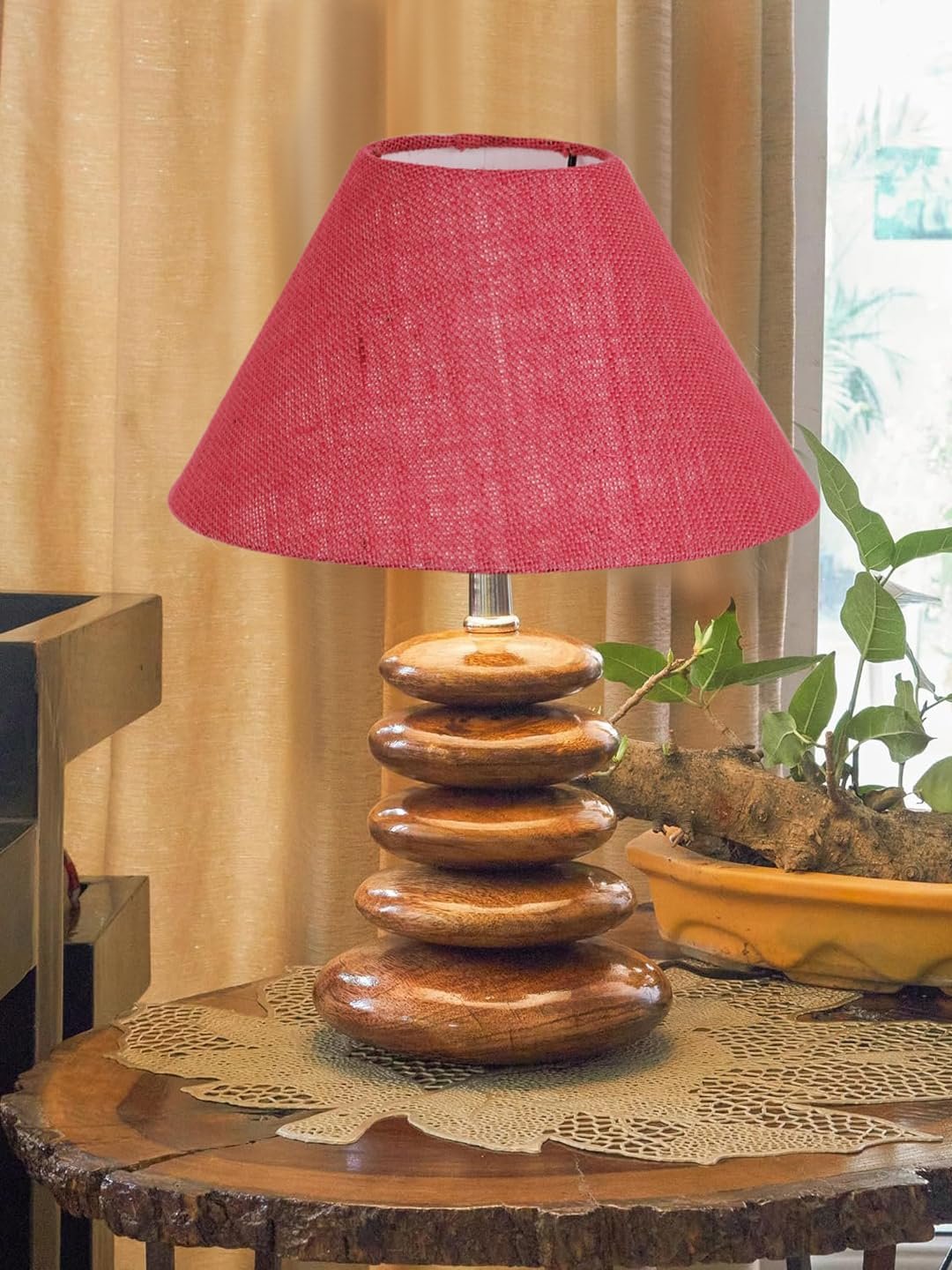 Upscale Table Lamp with Glass & Wooden Base | Elegant Night Light for Home & Room Decoration | Bedroom & Living Room Lighting | Multiple Designs - (Pink)