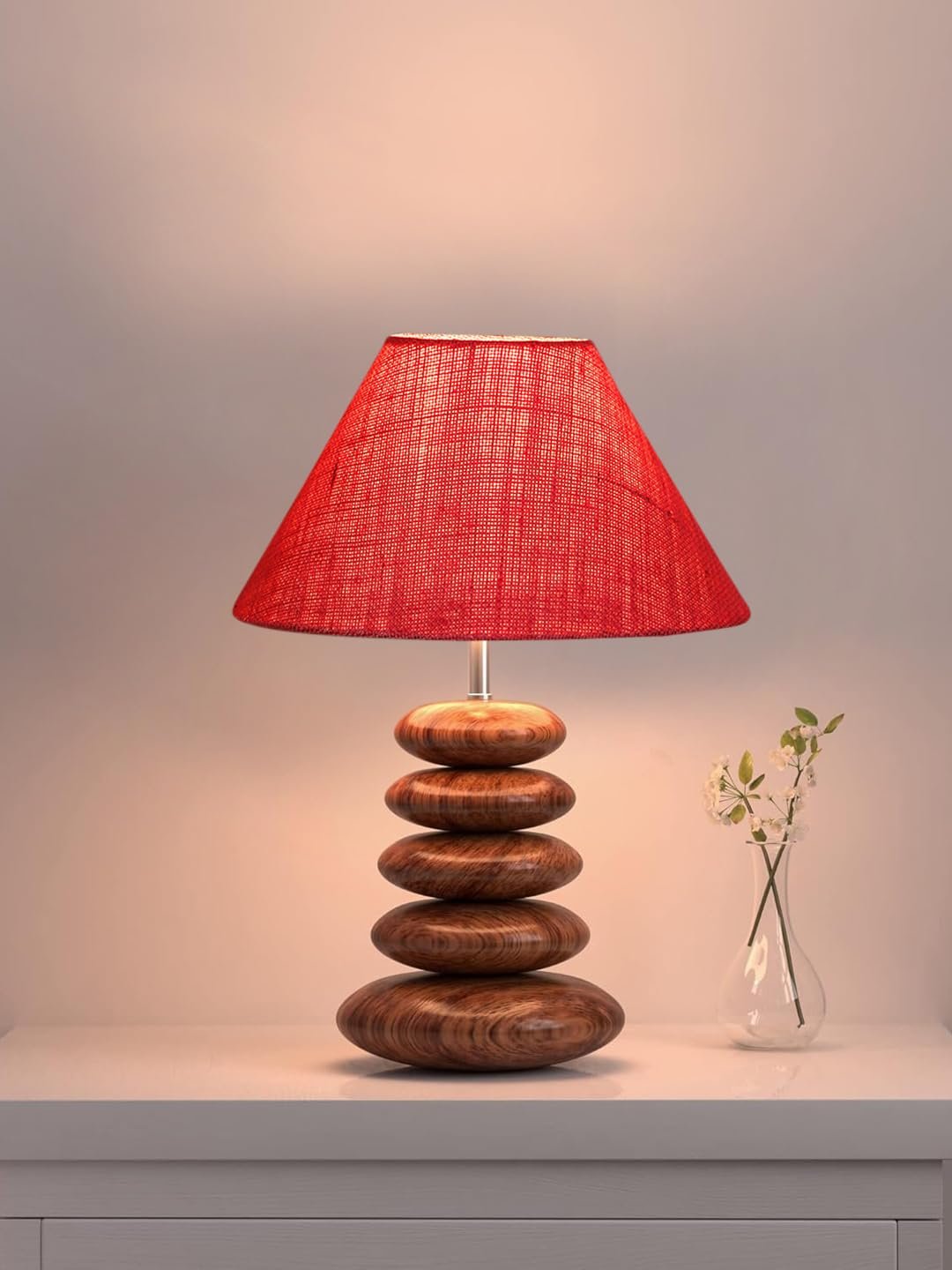 Upscale Table Lamp with Glass & Wooden Base | Elegant Night Light for Home & Room Decoration | Bedroom & Living Room Lighting | Multiple Designs - (Pink)