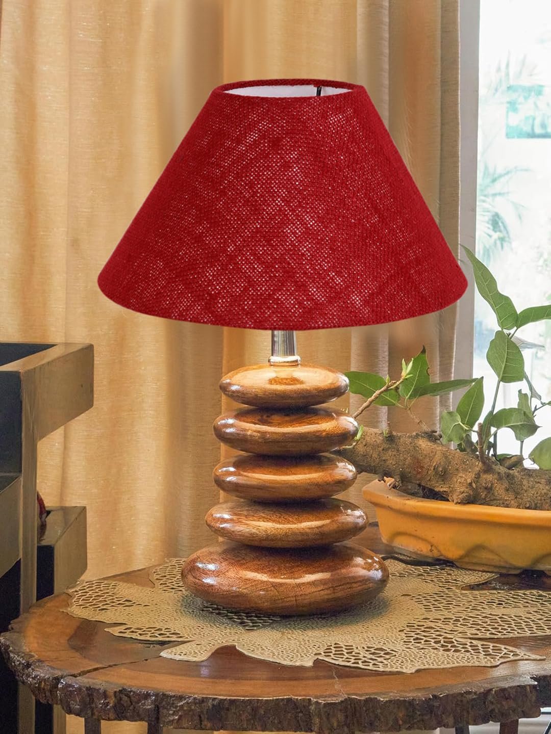 Upscale Table Lamp with Glass & Wooden Base | Elegant Night Light for Home & Room Decoration | Bedroom & Living Room Lighting | Multiple Designs - (Maroon)