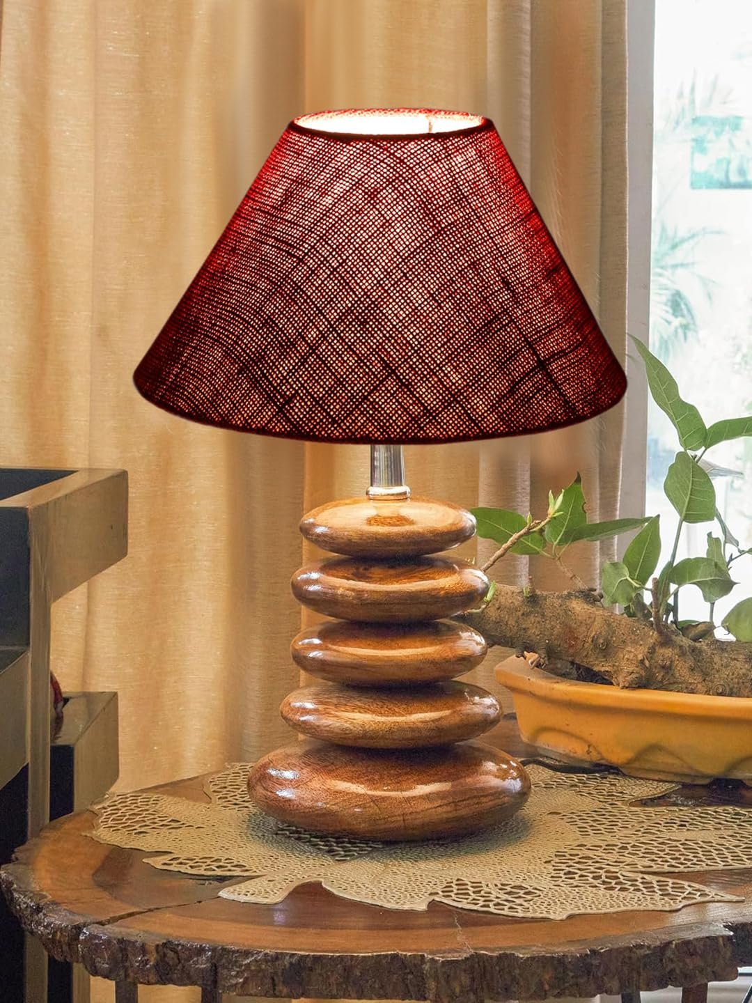 Upscale Table Lamp with Glass & Wooden Base | Elegant Night Light for Home & Room Decoration | Bedroom & Living Room Lighting | Multiple Designs - (Maroon)