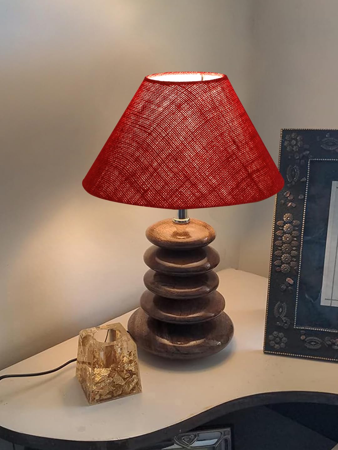 Upscale Table Lamp with Glass & Wooden Base | Elegant Night Light for Home & Room Decoration | Bedroom & Living Room Lighting | Multiple Designs - (Maroon)