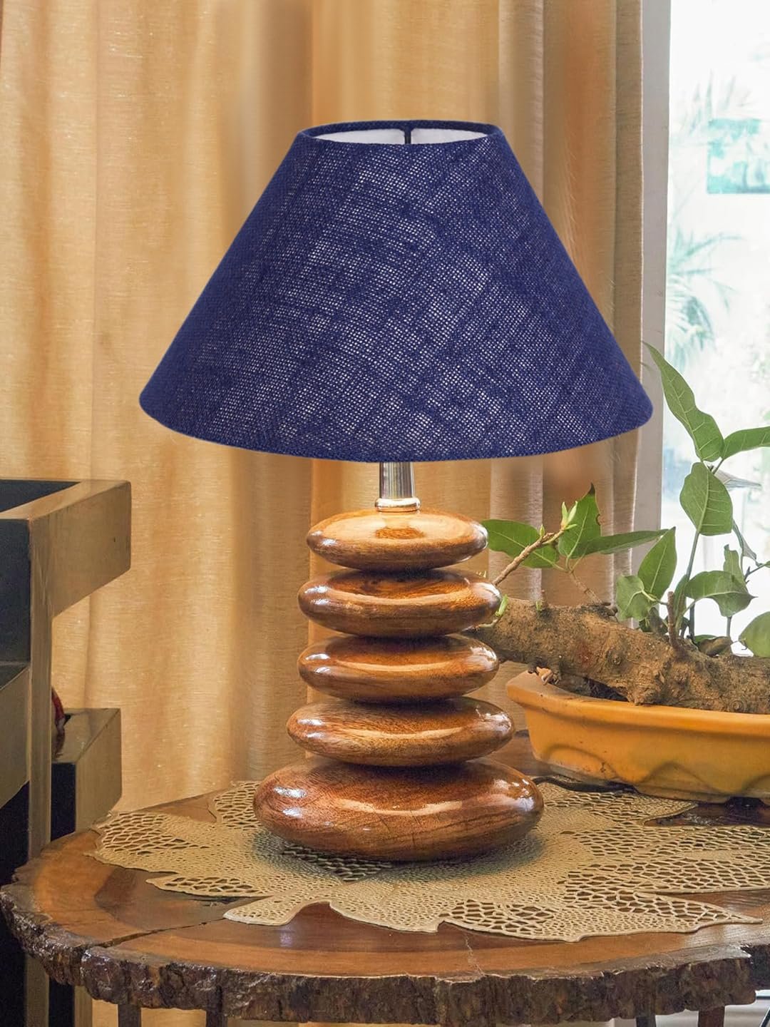 Upscale Table Lamp with Glass & Wooden Base | Elegant Night Light for Home & Room Decoration | Bedroom & Living Room Lighting | Multiple Designs - (Blue)