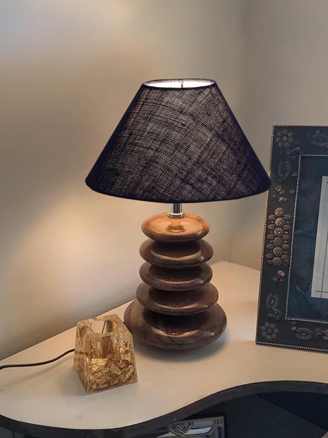 Upscale Table Lamp with Glass & Wooden Base | Elegant Night Light for Home & Room Decoration | Bedroom & Living Room Lighting | Multiple Designs - (Blue)