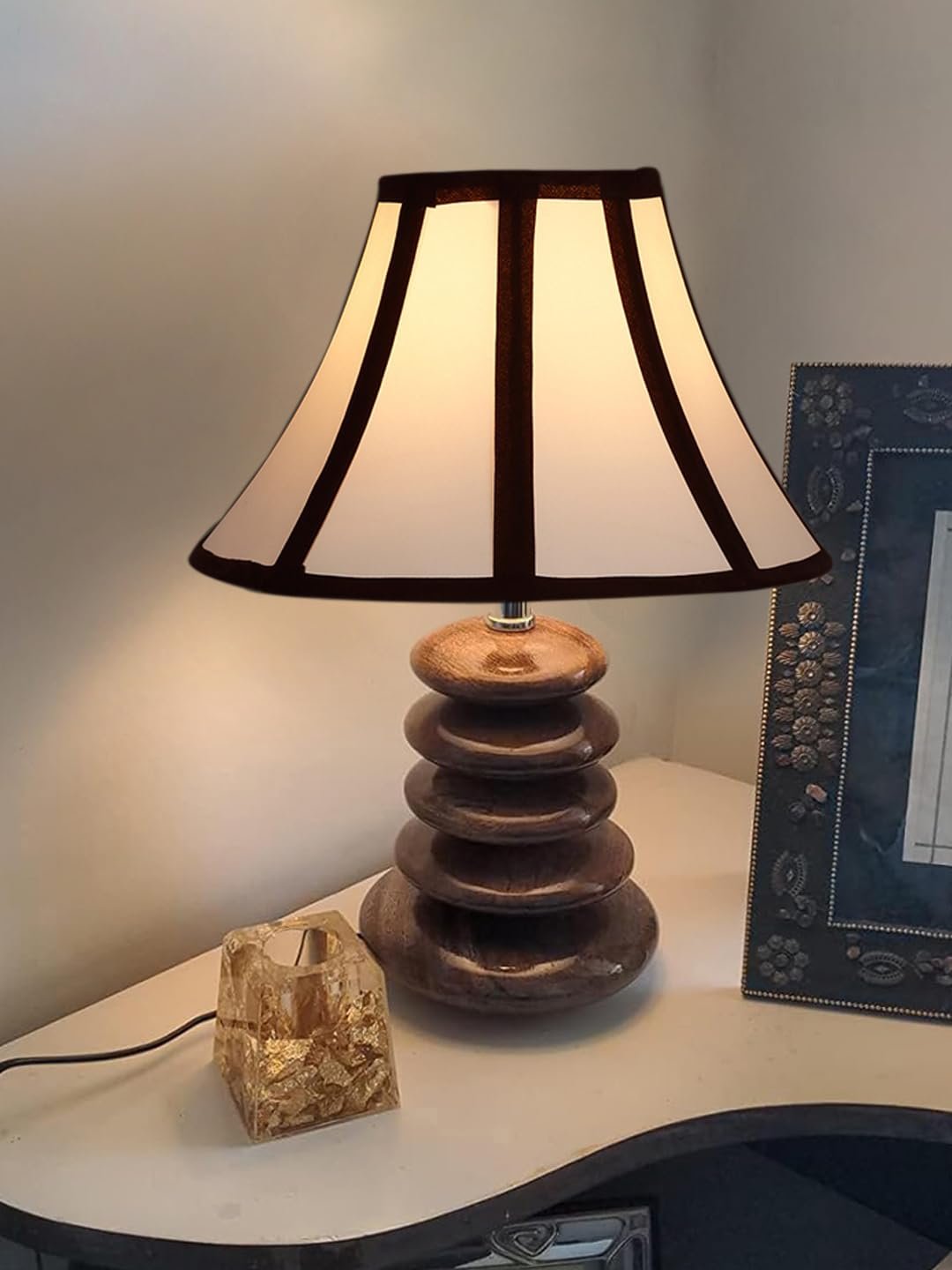 Stylish Glass Table Lamp | Durable Wooden Base Night Light for Bedroom & Living Room D�cor | Elegant Home Lighting Solution � Multicolor