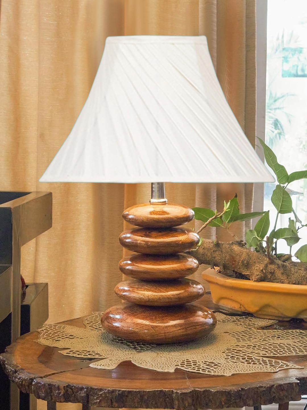 Sophisticated Glass Lamp | Decorative Wooden Base Light for Bedroom, Living Room & Home Lighting | Elegant Colors & Patterns � OffWhite