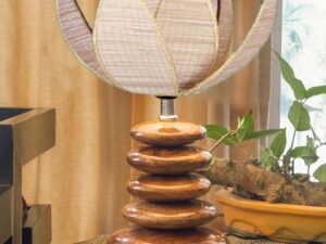 Upscale Table Lamp with Glass & Wooden Base | Elegant Night Light for Home & Room Decoration | Bedroom & Living Room Lighting | Multiple Designs - (Beige)