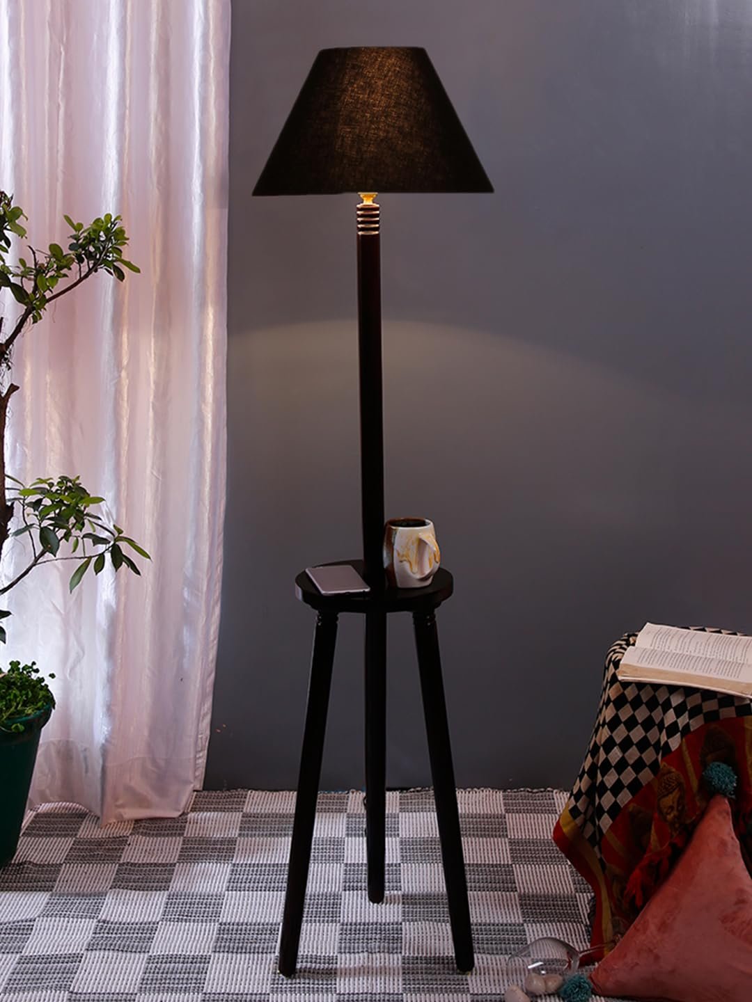 Black Cotton Conical Wooden Floor Lamp -21 (14x55.75inches) -Tripod Brown